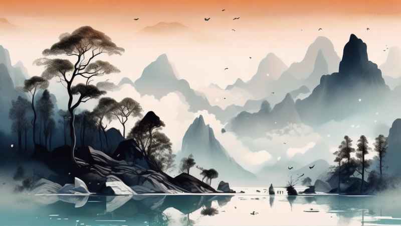 国风水彩画山水风景插画 106