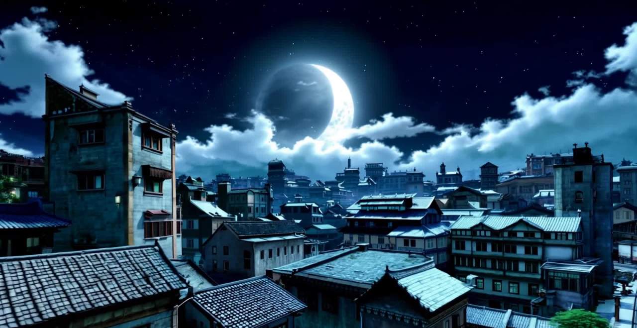 夜空下的古风城中村，3D动漫风月夜场景。