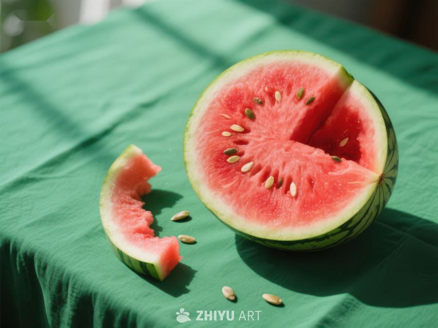 切开的西瓜放在绿色布上 342