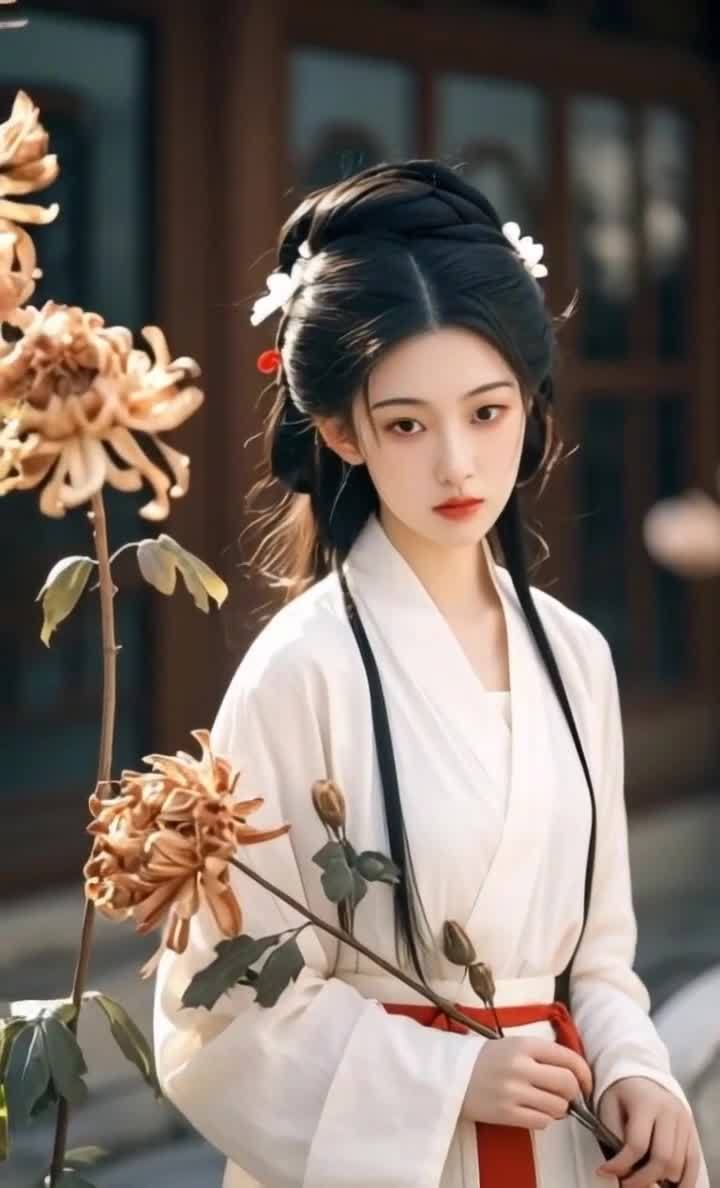 白衣女子持菊花发饰点缀古风佳人