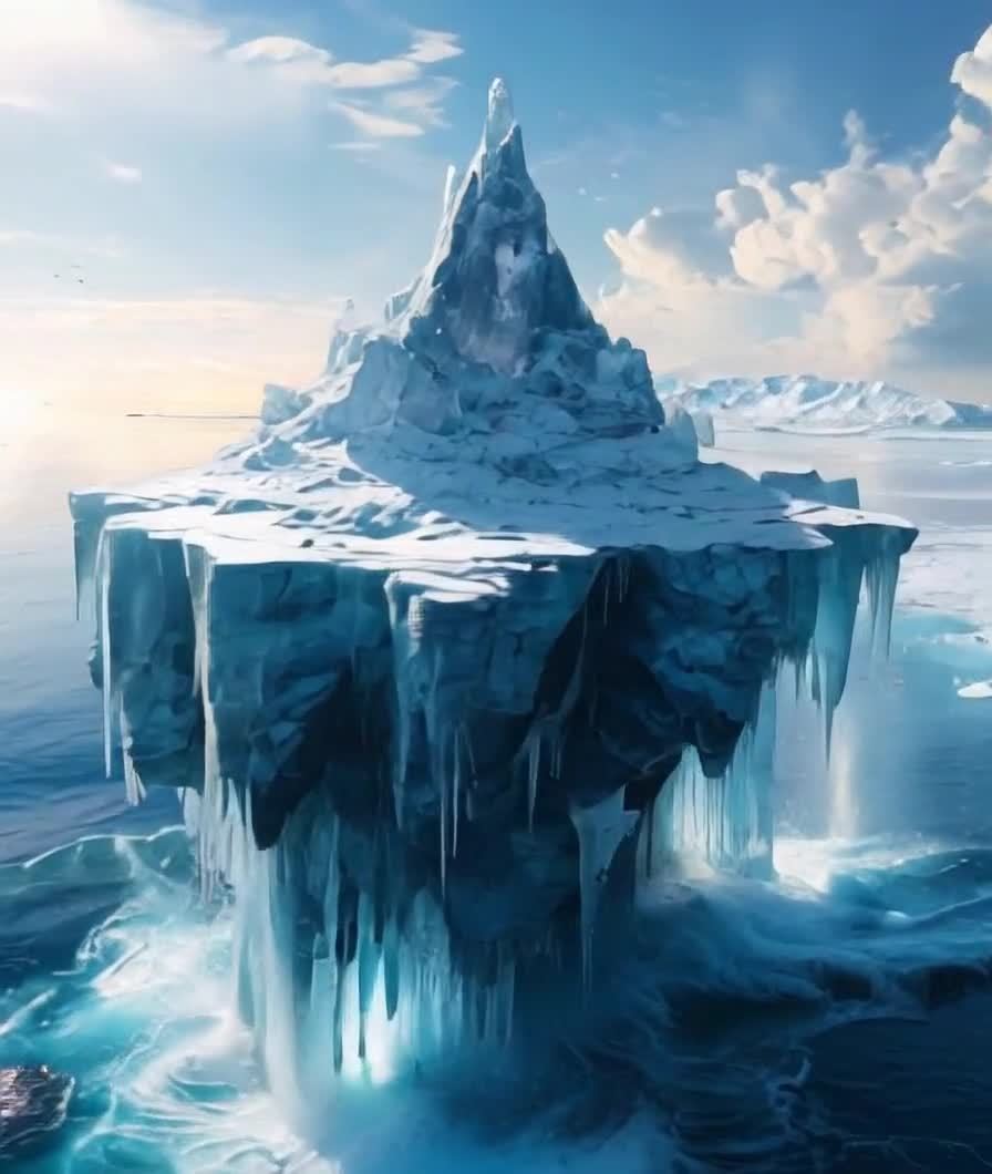 冰山矗立海面，雪山冰锥，蓝天白云与远景城市
