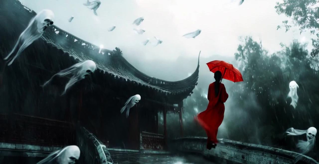 狂风暴雨中，一座古老的中国风格建筑耸立，建筑的屋顶