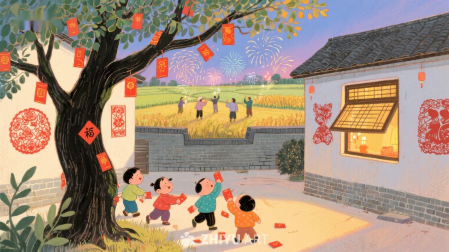 乡村夜景中孩子们欢庆节日 951