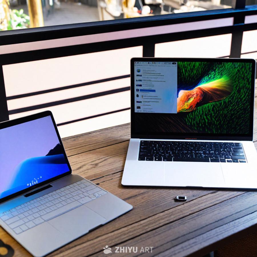 一张木桌上放置着一台MacBook和一台iPad 
