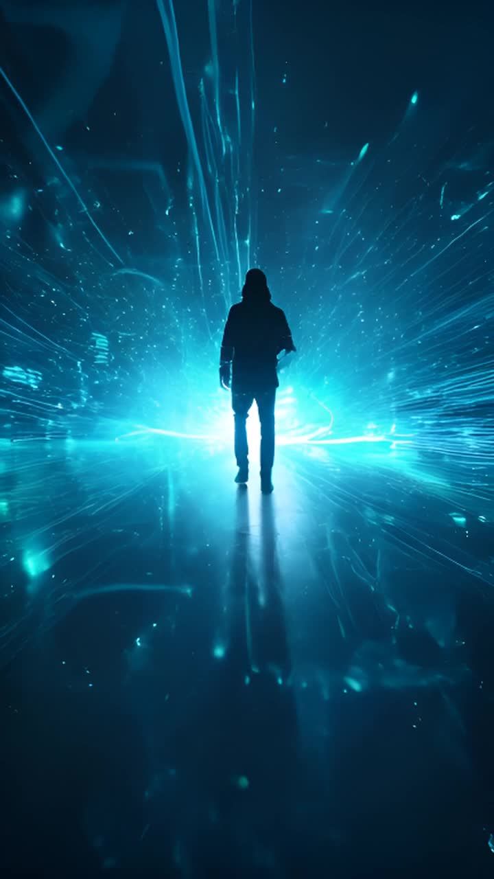 一个人背对着镜头站立，周围环绕着蓝色线条和光点。此