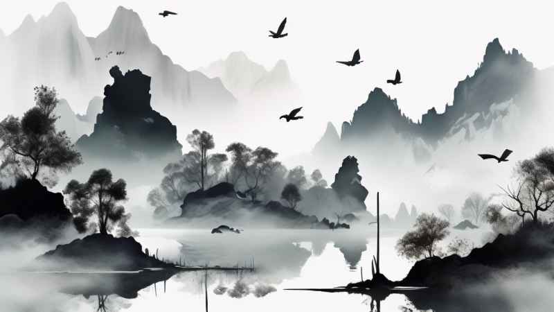 国风山水鹤插画背景 83