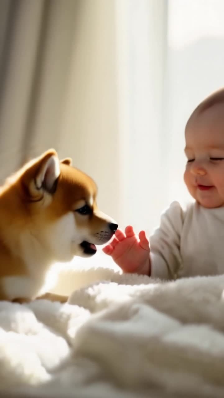 一只小柴犬幼崽靠近一个躺在白色毛毯上的婴儿。婴儿伸
