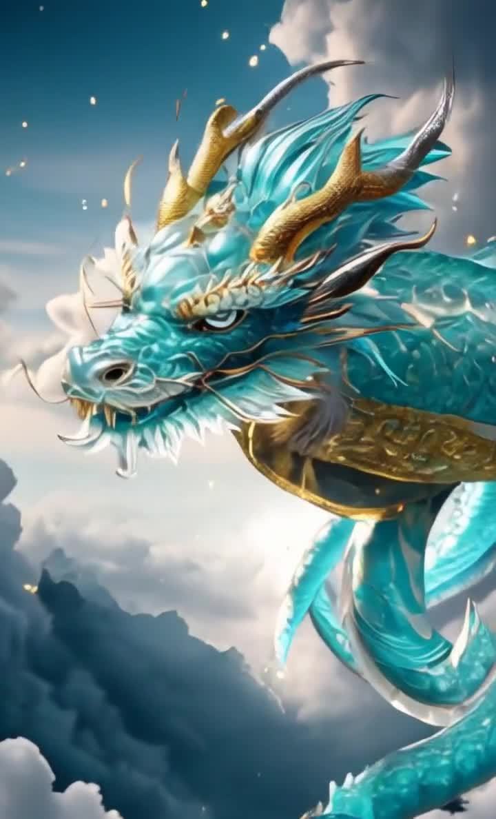 青蓝色祥龙特写，金角蓝眸傲视云端。
