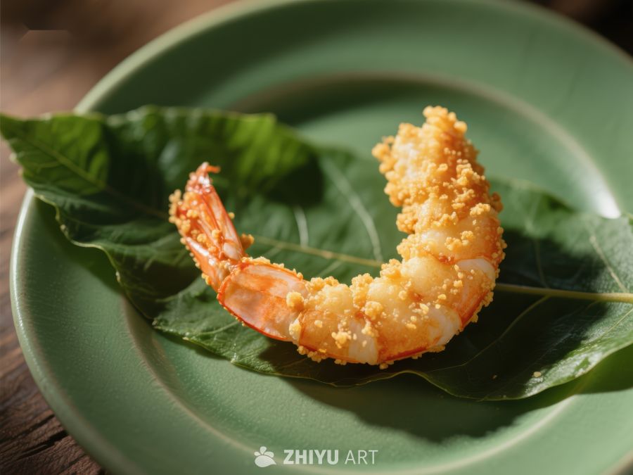 酥炸虾仁置于绿叶之上