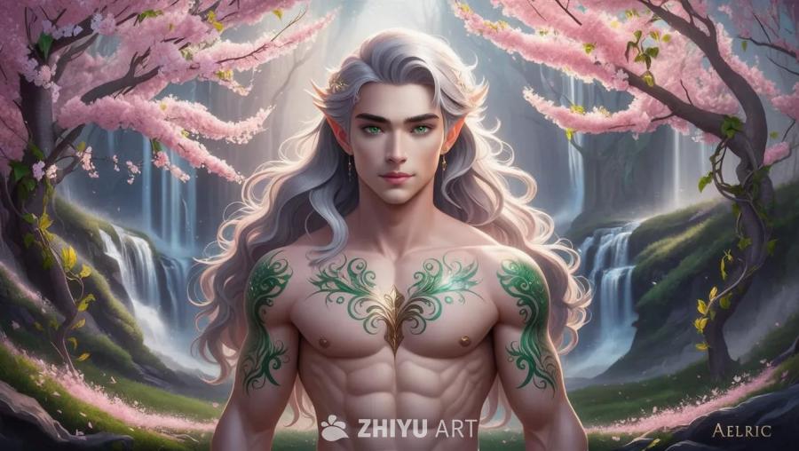 一个拥有银色长发和翠绿色眼睛的男子站在一片梦幻般的