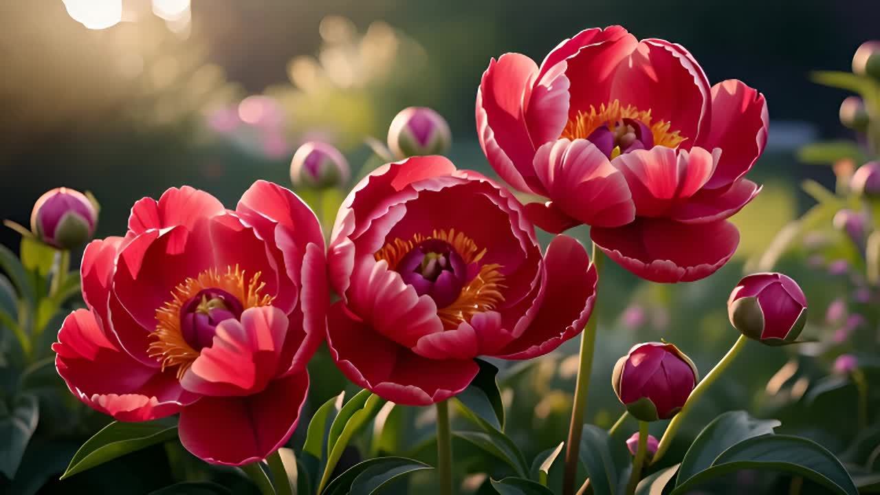 三个盛开的红色牡丹花，周围是若干个花蕾，叶子呈绿色