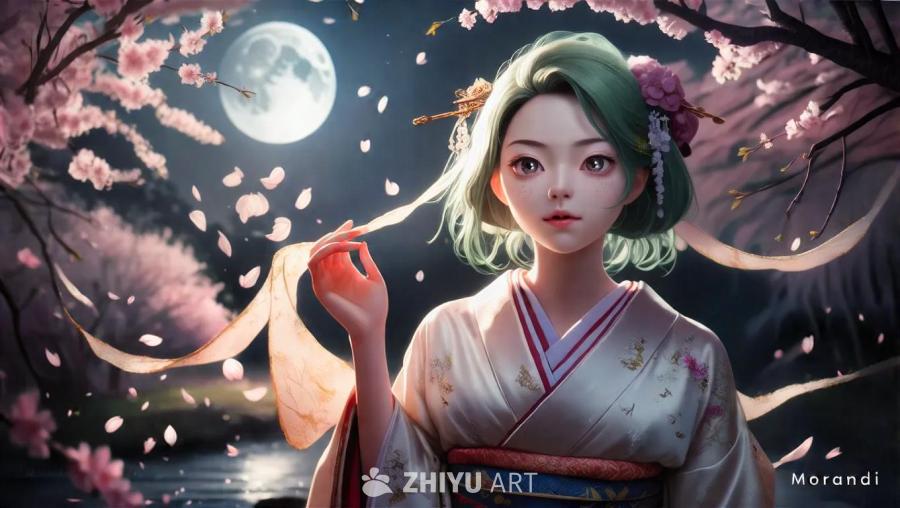 身着丝绸和服的少女，站在月光照耀的宁静花园中。少女
