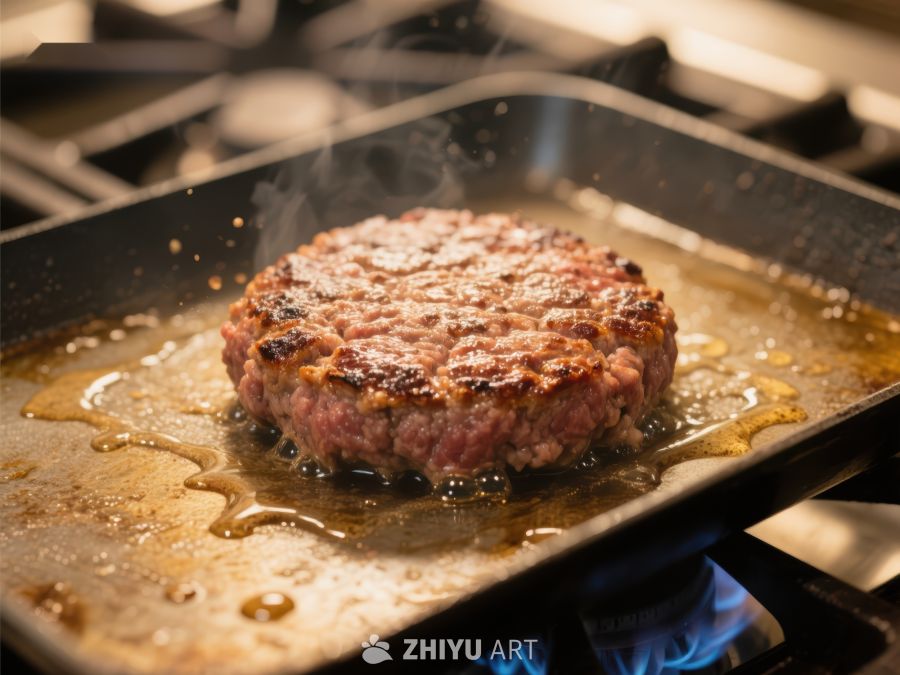 煎锅中的美味汉堡肉饼