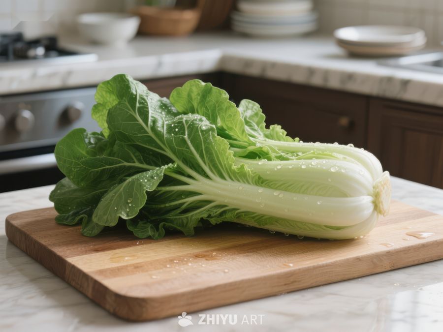 新鲜白菜置于厨房砧板上 418