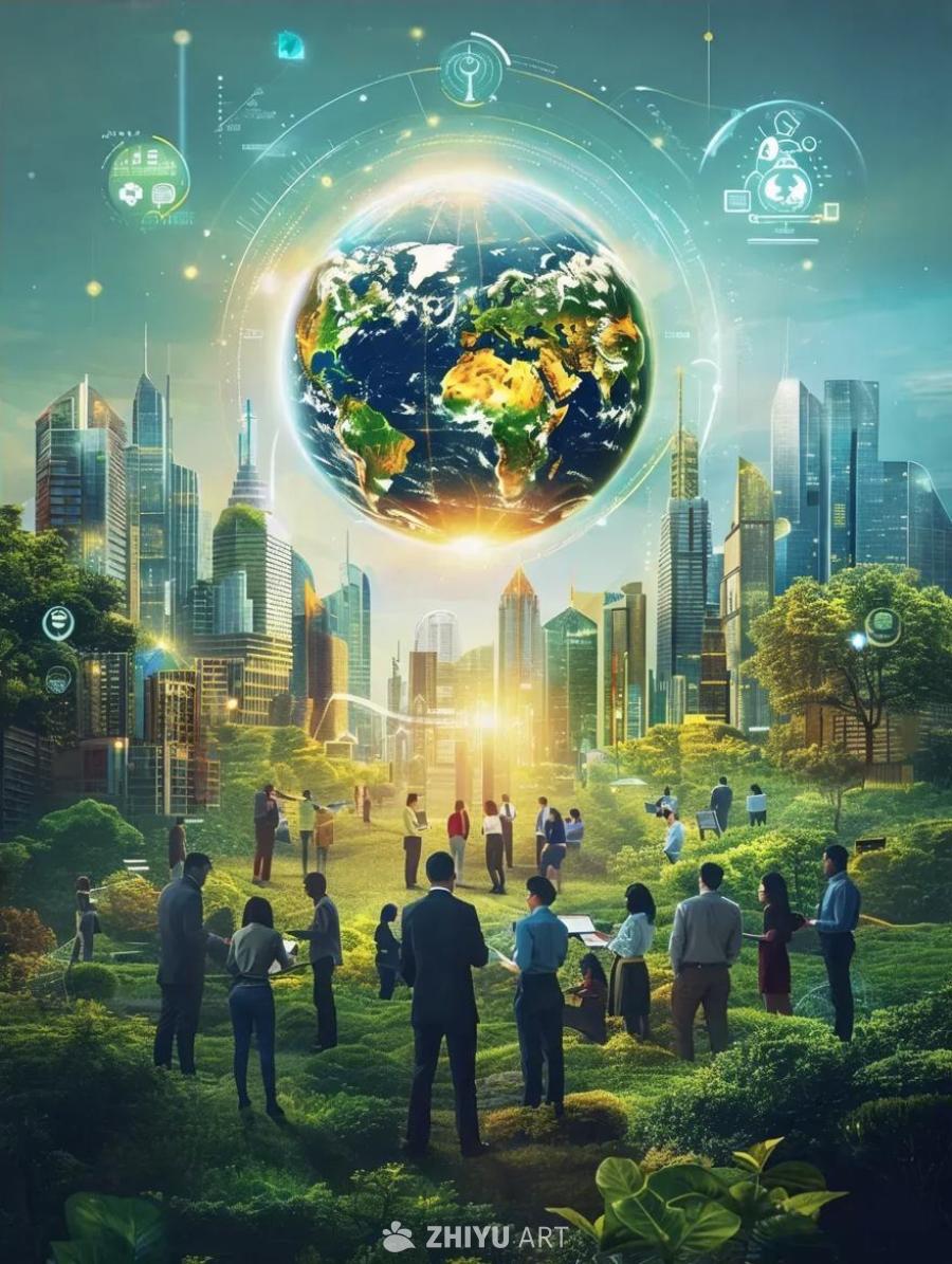 高楼大厦林立，绿色植被覆盖地面，一群人站在草地上。
