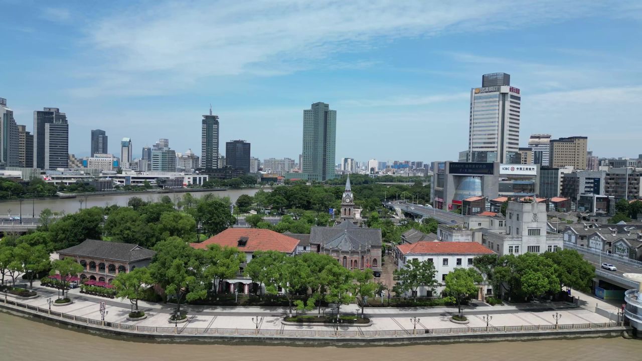 航拍浙江宁波老外滩