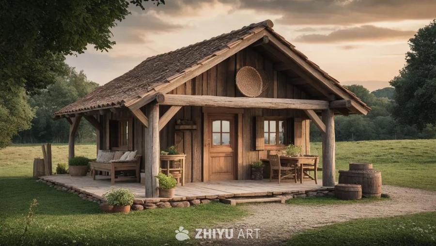 一间具有乡村风格的木屋外景，房屋由木头搭建，屋顶铺