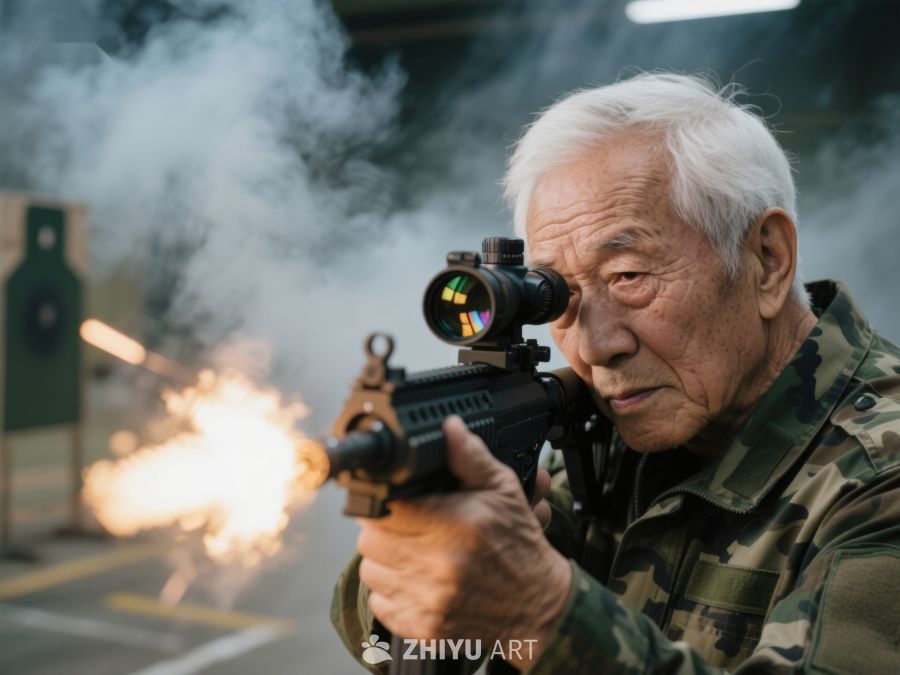 老者射击瞬间，专注神情与火光交织 607