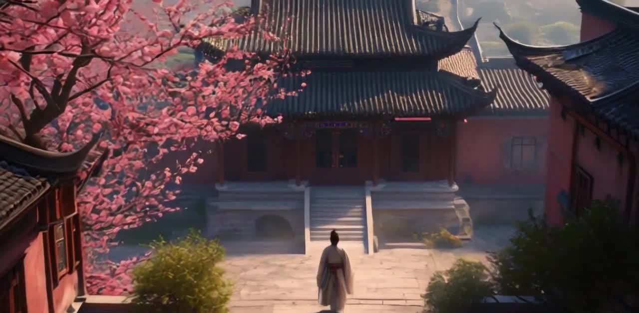 人物穿着白色服饰，正常步伐向门口方向走去。画面中，
