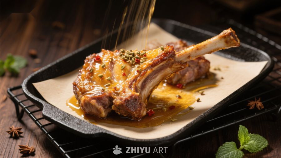 香煎羊排淋油特写