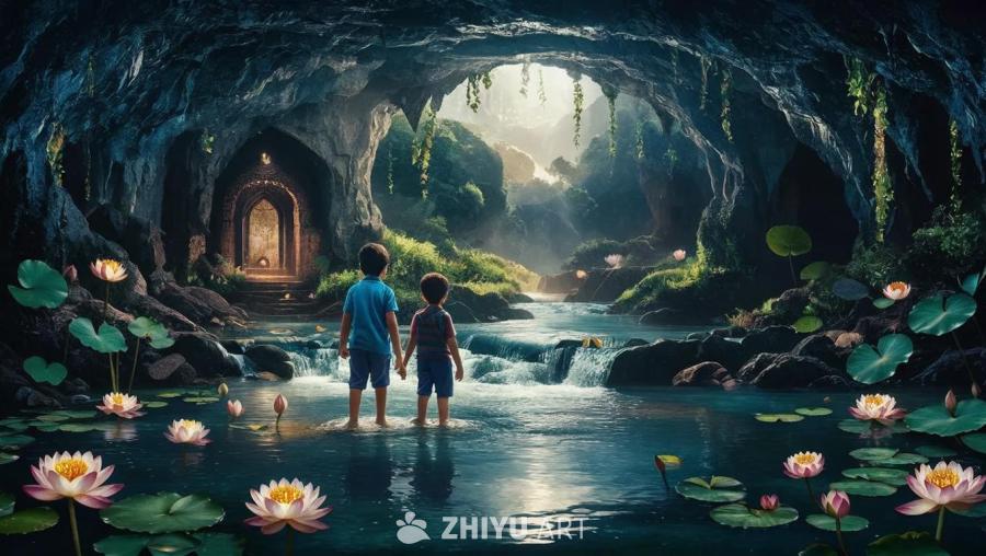 两个男孩手牵着手站在水中，他们背对着观众。水面漂浮