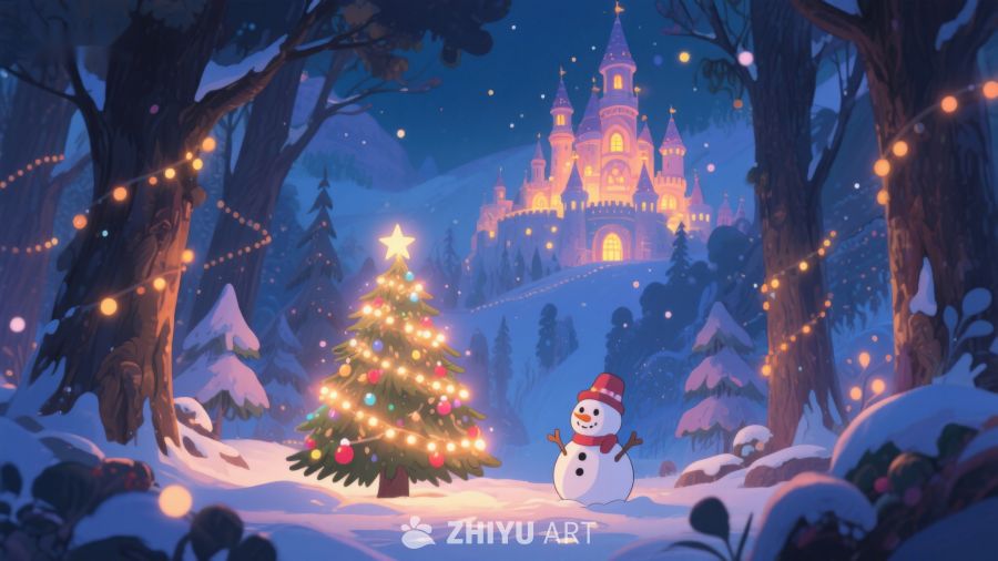 雪夜城堡旁的圣诞树与雪人 328