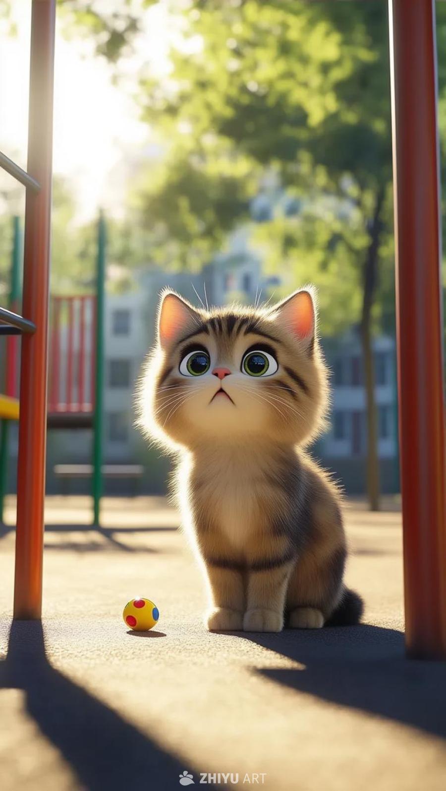 一只眼睛睁大的小猫站在校园里，抬头向上看，似乎有些
