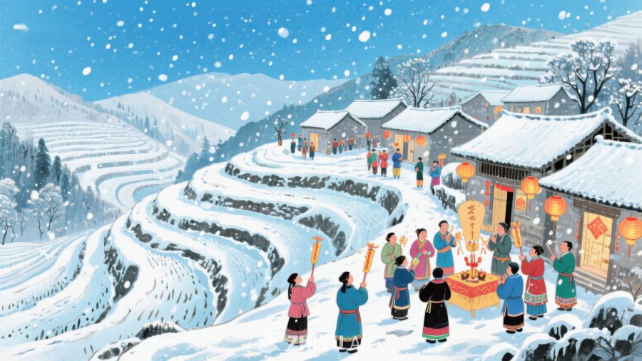 雪中村落庆祝节日 1090