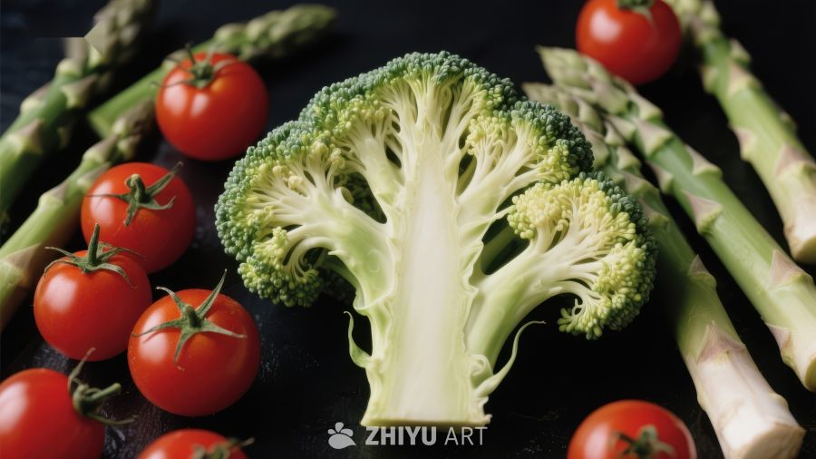 新鲜蔬菜组合：西兰花、樱桃番茄与芦笋