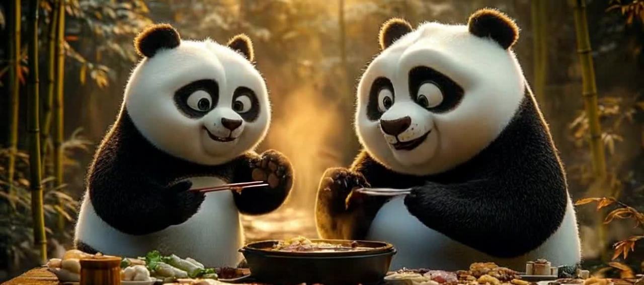 两只卡通风格的熊猫坐在桌子旁，桌子上有食物，它们各