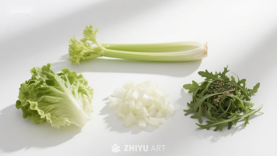 新鲜蔬菜组合：生菜、洋葱、芹菜与芝麻菜