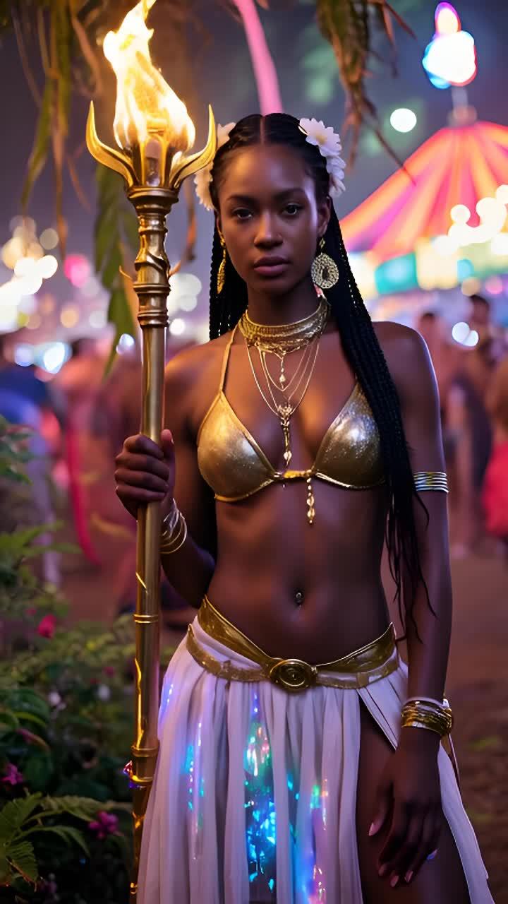 一名黑皮肤女性站在画面中央，她戴着白色花朵头饰和金