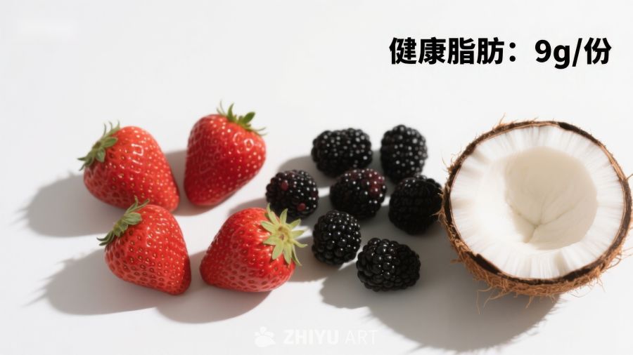 健康脂肪来源：草莓、黑莓与椰子