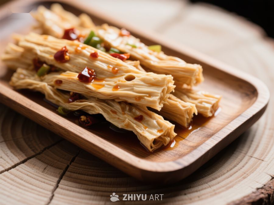 香辣豆皮卷，木盘盛放 1559