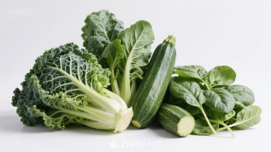 新鲜绿叶蔬菜与西葫芦组合