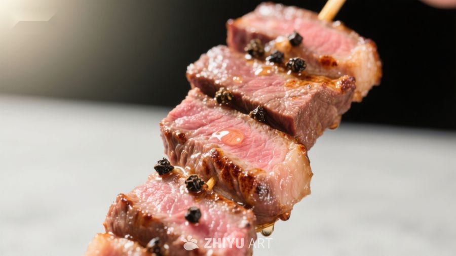 烤肉串上的多汁牛肉片
