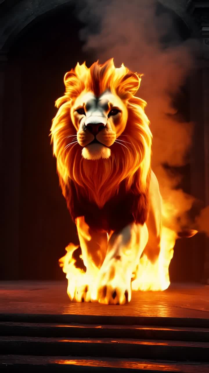 一头大型狮子站在一个古老寺庙的入口处。火焰从它的爪