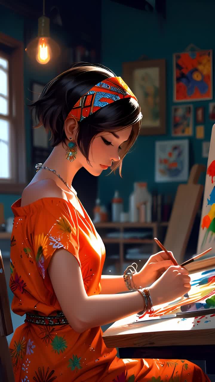 一位女性正在绘画。她穿着橙色的露肩上衣，头上戴着印
