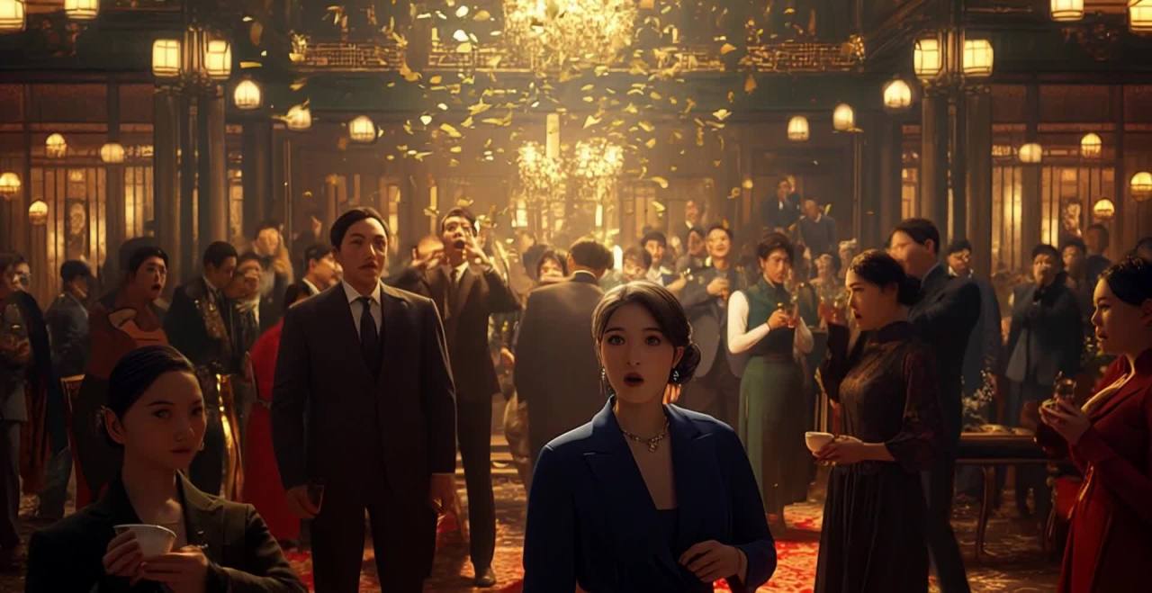 宴会厅金色碎片洒落，人群抬头望，女子惊讶