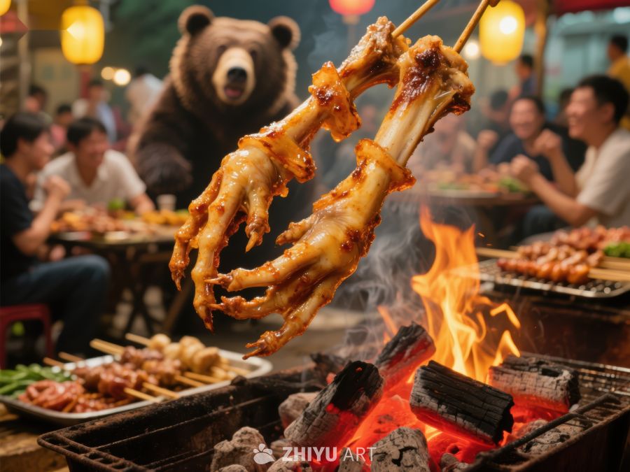 烧烤摊上的烤鸡爪与背景中的熊雕像