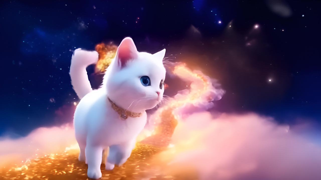 一只白色的小猫戴着金色的项圈，在一条由金色和白色云