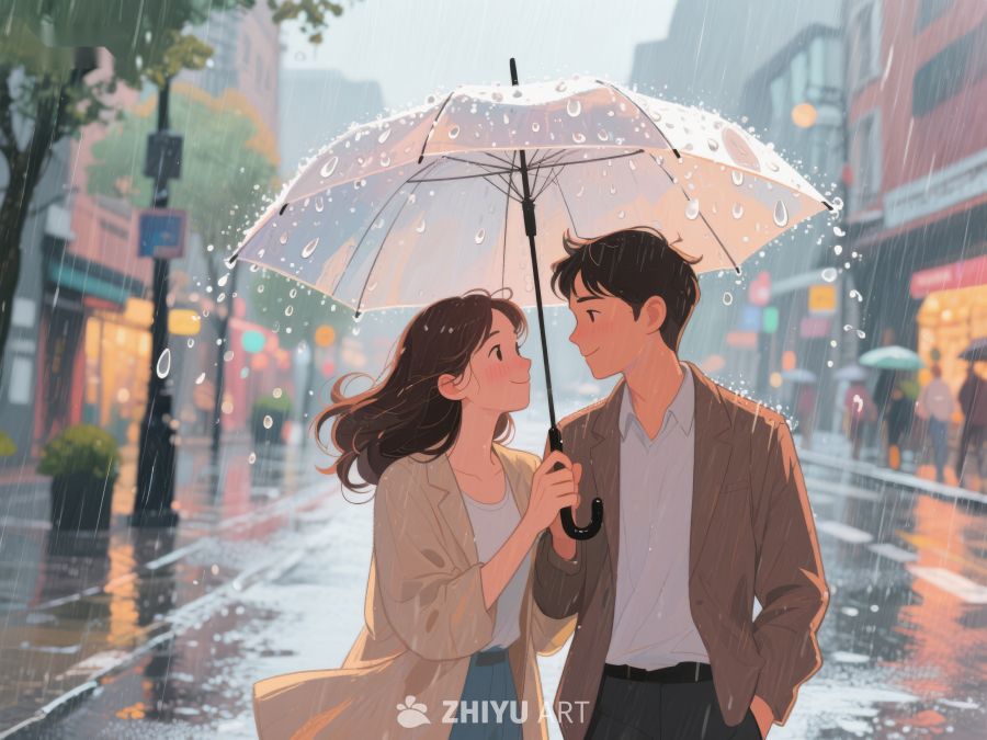 雨中情侣共撑伞温馨漫步 1073