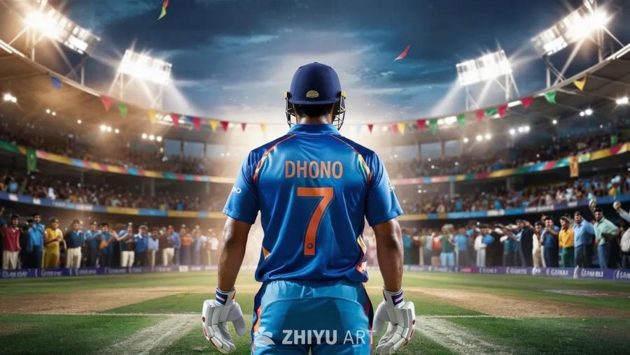 在一个充满活力的体育场的中央，MS Dhoni 身