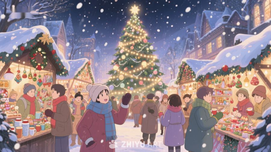 冬夜圣诞集市的温馨场景 65