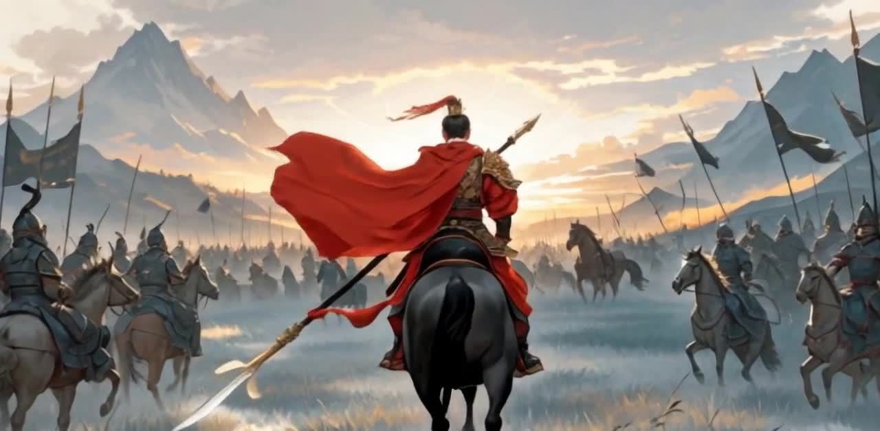在山脚下，骑兵队伍正在向前推进，队伍中竖立着旗帜。