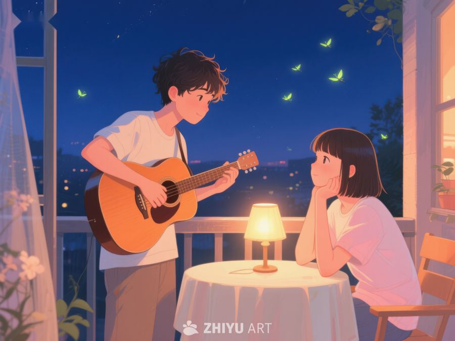 夜晚阳台吉他弹唱温馨场景 1097