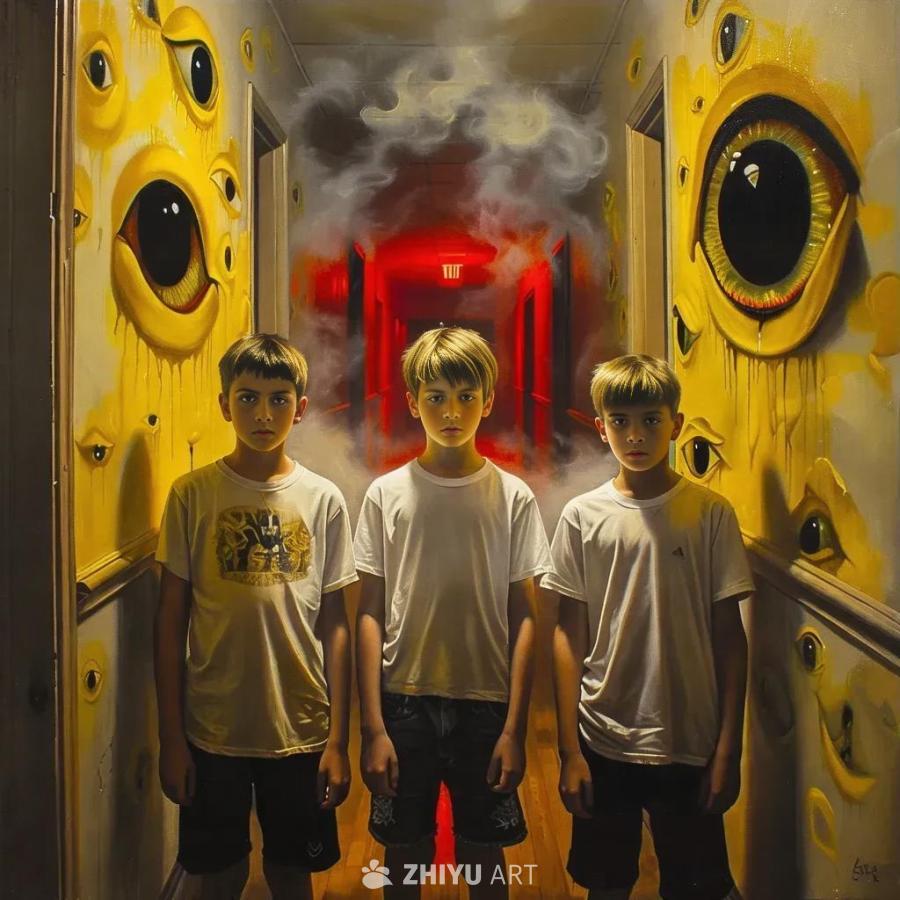三个紧张的青少年男孩站在一个长而薄的、充满雾气的走