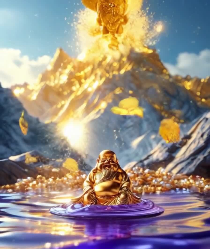 金色财神水中央，山峰耀眼波光荡漾