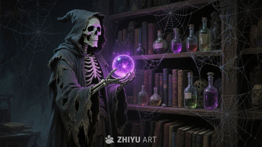 骷髅巫师手持魔法水晶球