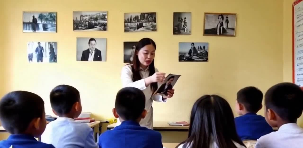 教室里，一名女老师站在学生面前，手里拿着几张黑白照